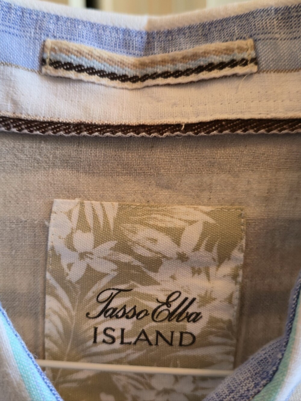 Tasso Elba Beige & Light Blue Striped Cotton And Linen Shirt
